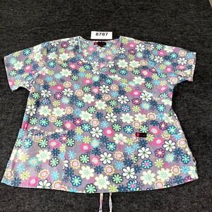 Actual Scrub Top Womens 2XL Multicolor Floral Cotton V Neck Uniform Medical